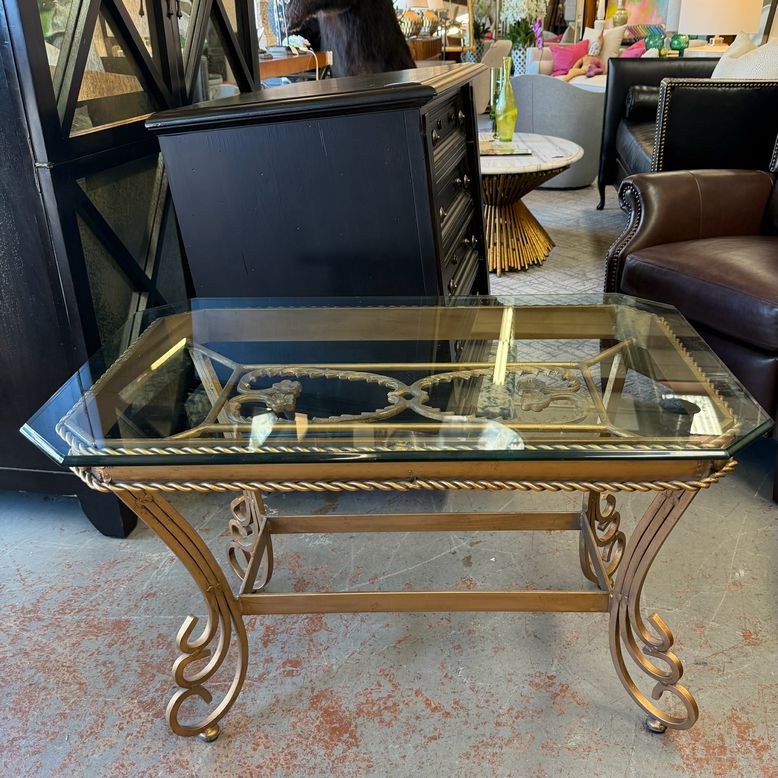 Vtg Italianate Gilt Iron & Glass Cocktail Table LaBarge/Maison Jansen Style 38x2