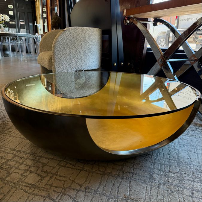 Mitchell Gold Soleil Bronze & Gold Leaf Cocktail Table W/Glass Top 44x44x13