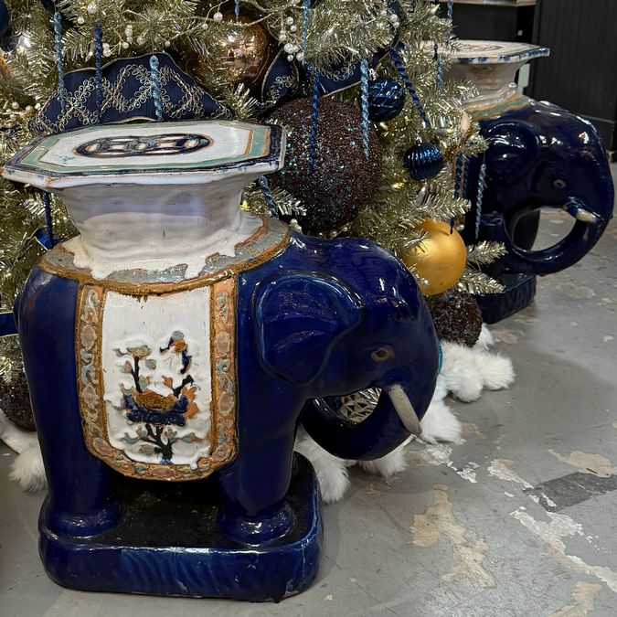 PAIR 1960's Cobalt Asian Elephant Garden Stools 20x10.5x22