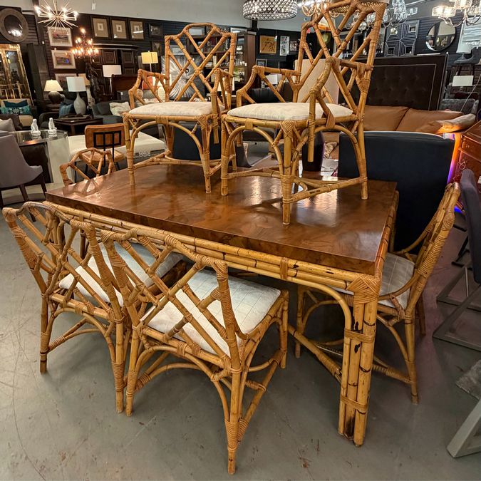 1970's Werner Maier Chinese Chippendale Bamboo & Rattan Table W/6 Chairs 68x42x3