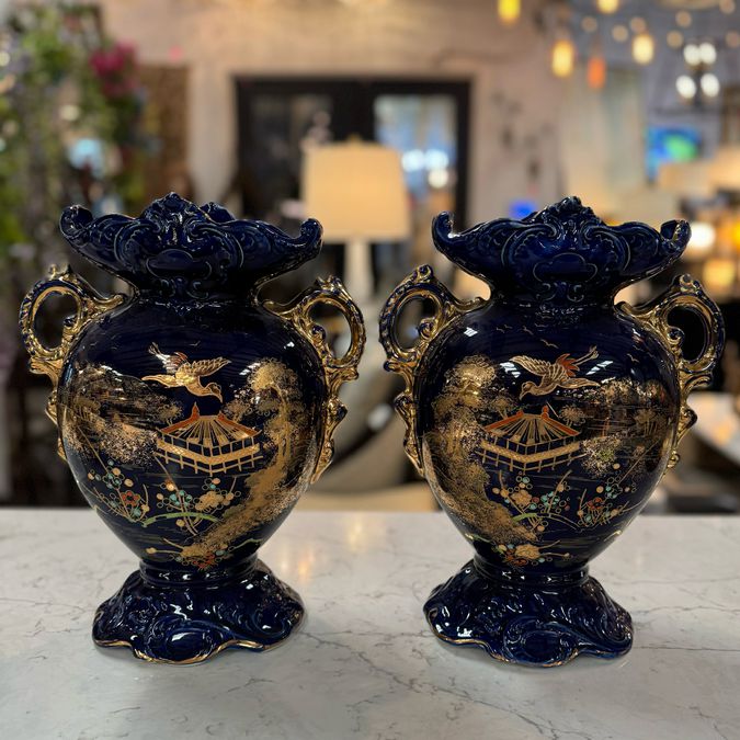 SET/2 Late 19th C. English Flow Blue Vases W/Asian Design 13"H