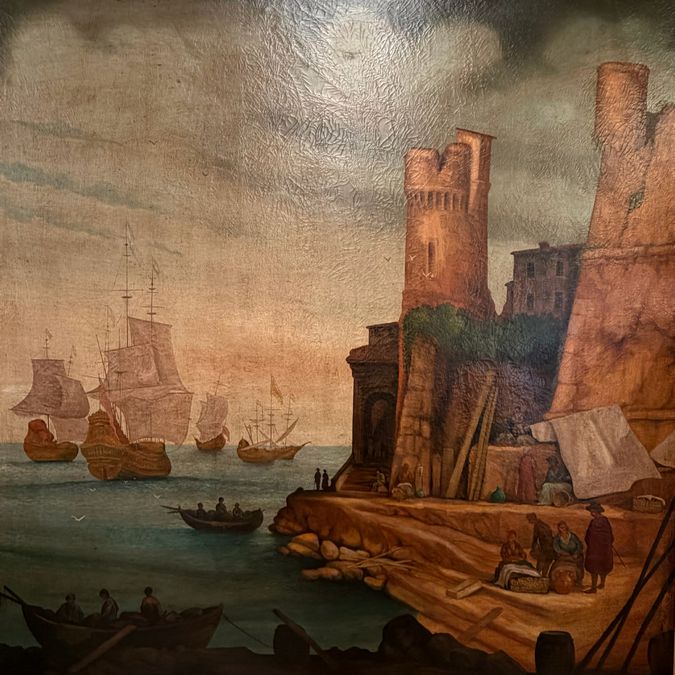 XL Old World Style European Harbor Scene 78x78