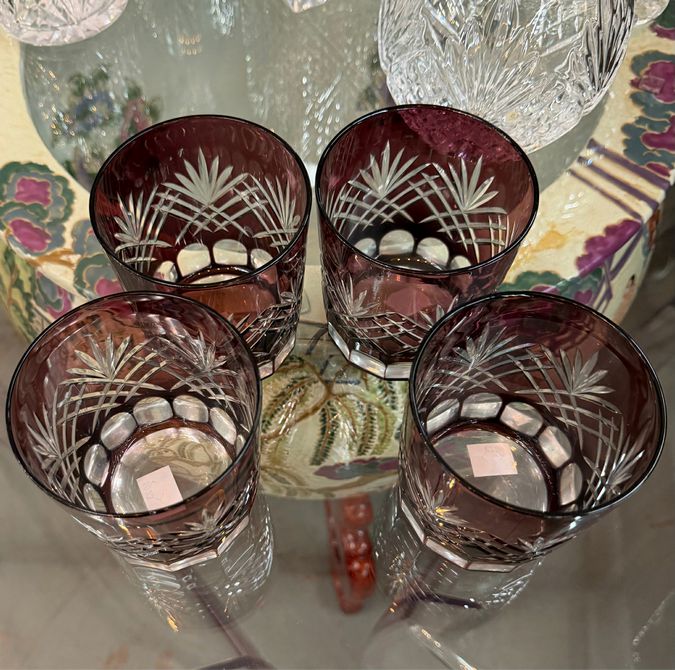 SET/4 AJKA Arabella Double Old Fashion Aubergine Cut to Clear Crystal Glasses