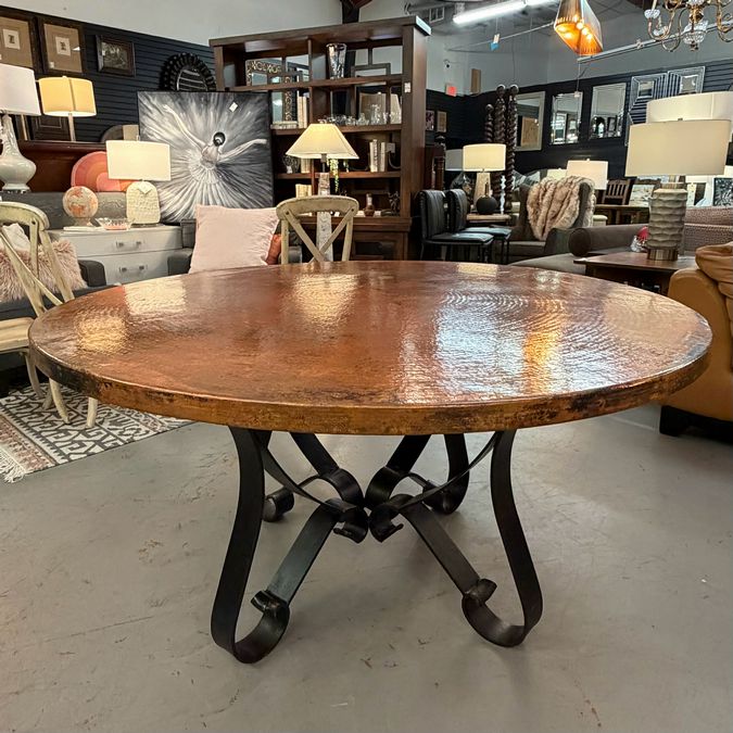 60" Round Hammered Top Dining Table W/Wrought Iron Base 60" Dia x 30.5"H