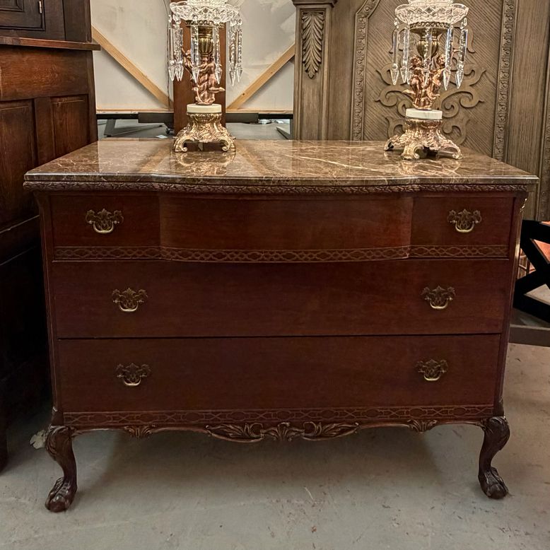 1930's Serpentine Flame Mahagony 3-Drw Chest W/Marble Top 48x21x36