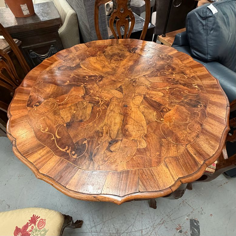 1880's Italian Rococo Revival Walnut Burl Marquetry Table W/Matching Chairs