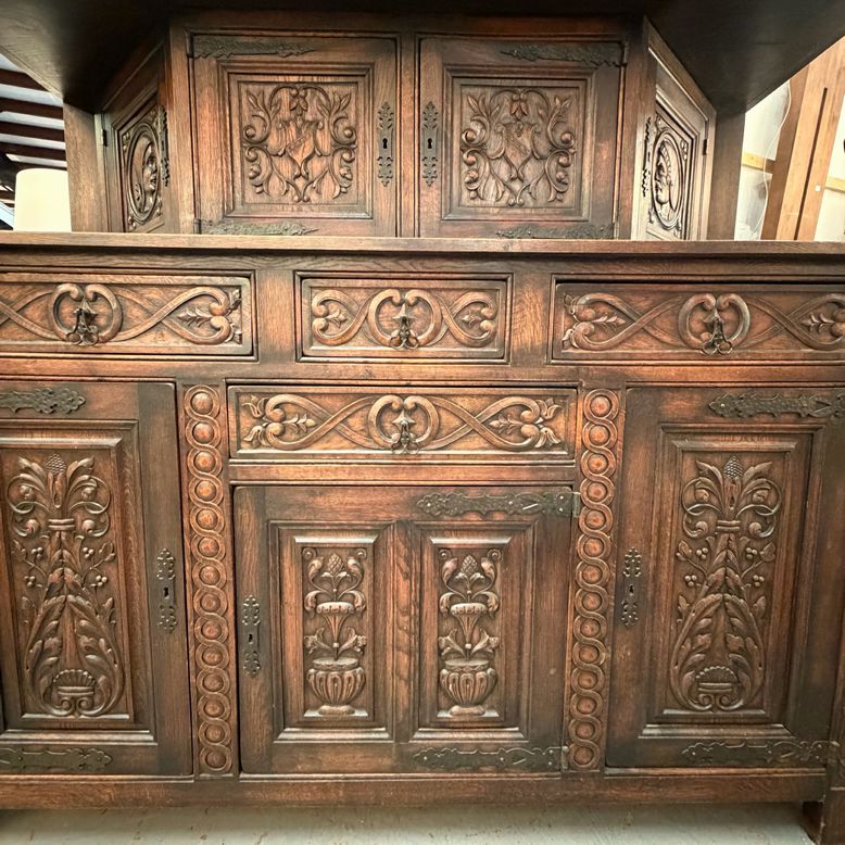 Antique Tudor Revival Carved Oak Cupboard w/Hidden Storage 80x24x74