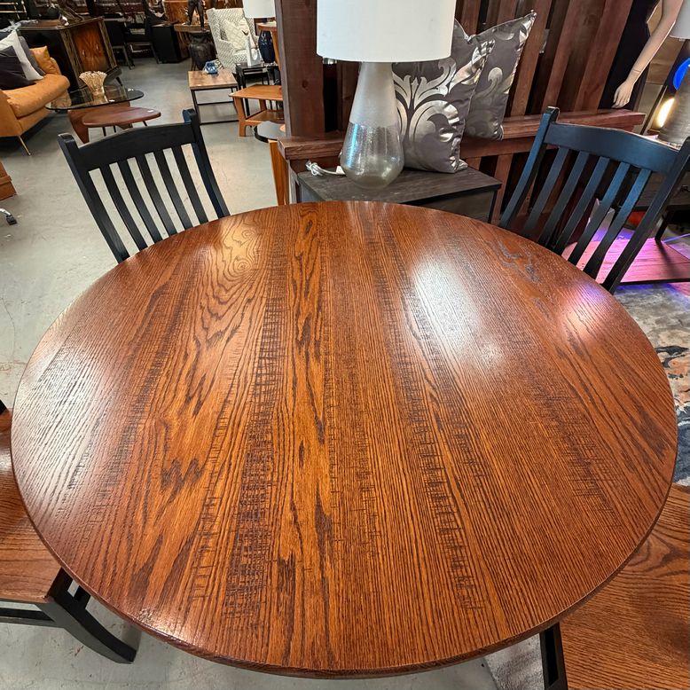 48"D Oak Top/Black Pedestal Table W/4 Chairs