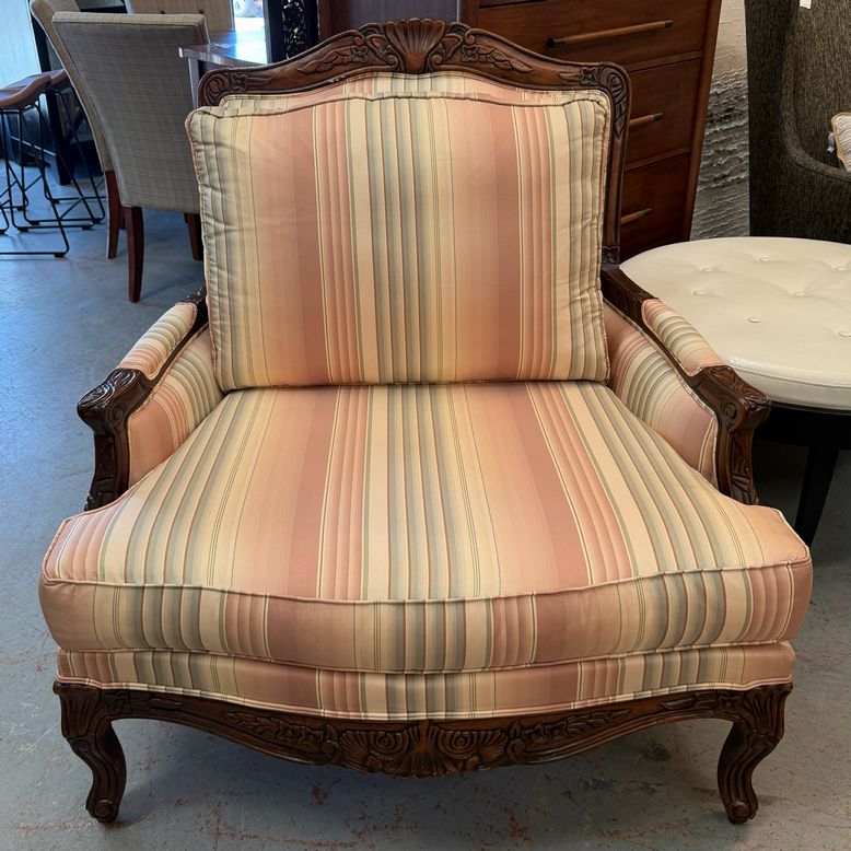 Ethan Allen Harris Custom Striped French Bergere Chair & Ottoman 41x41x42