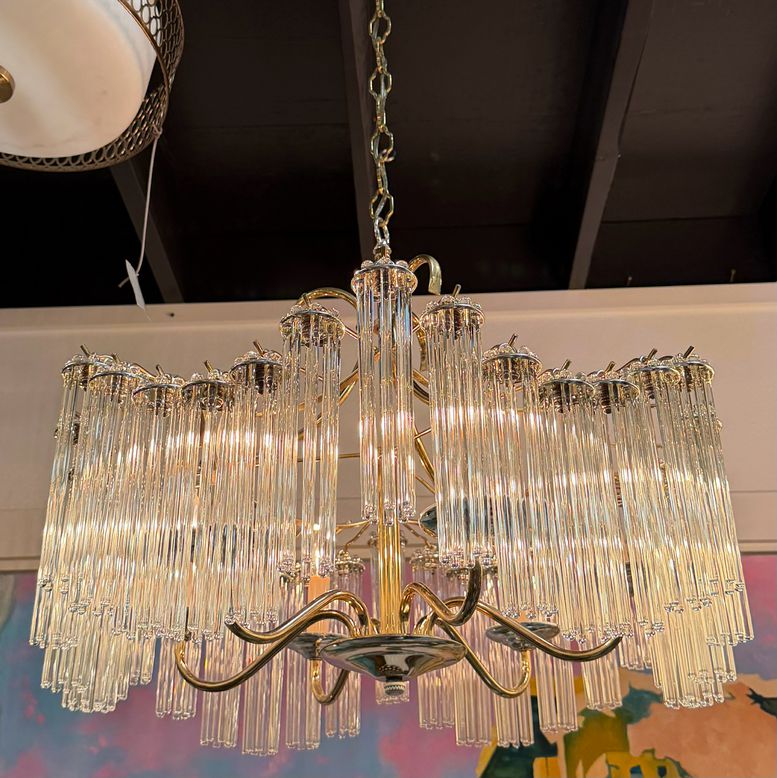 Italian Tronchi Style 6-Lt Brass Chandelier W/8" Glass Rods 24"D