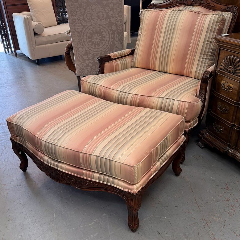Ethan Allen Harris Custom Striped French Bergere Chair & Ottoman 41x41x42