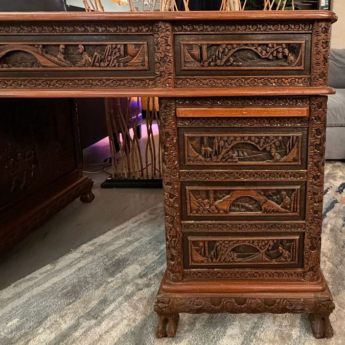 Antique Asian Relief Carved 9-Drw Double Pedestal Desk 54x30x30.5