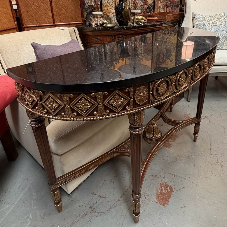 Maitland Smith Gold Rosette Frieze Demilune Black Marble Top 54x20x34
