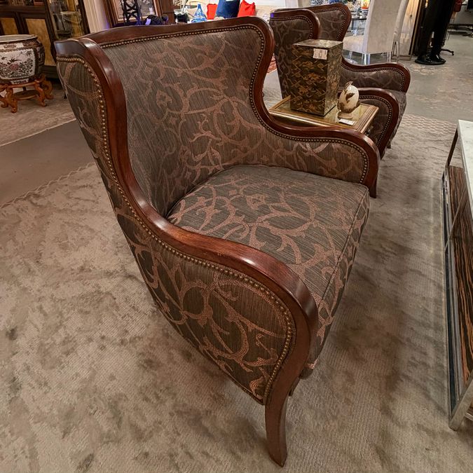 PAIR Custom Wood Framed Wingback Chairs Charcoal & Gold 27.5x34x41.25