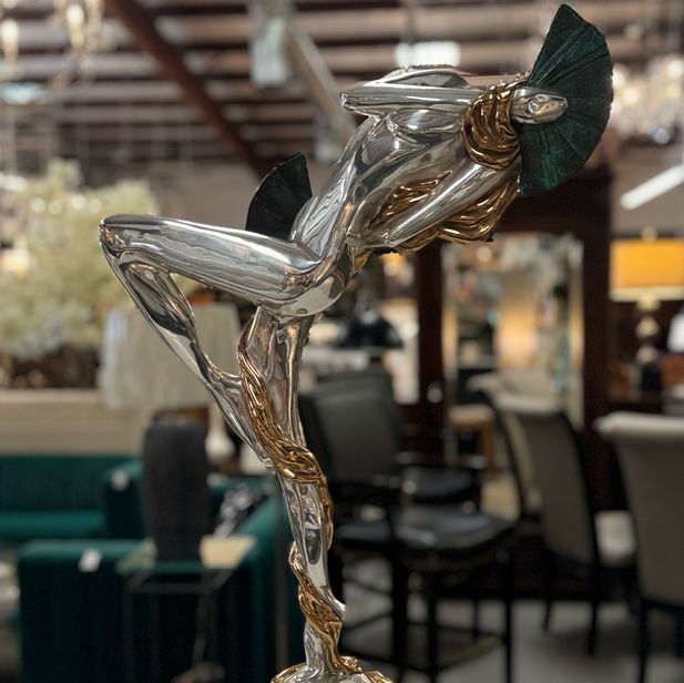 D'Argenta Mystery Woman Dancing W/Fans by Oshra Silver & Gold Statue 27.5"H