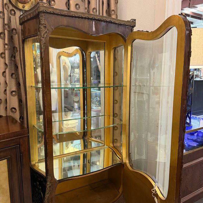 Curved Glass Bombay Wood Carved Vitrine W/Brass Detail, Gold Leaf 24x14x62 AS IS
