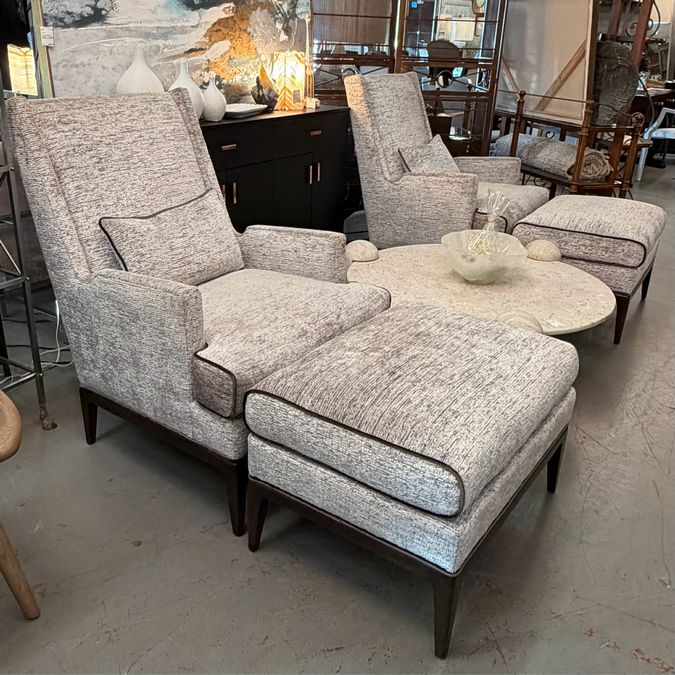 Custom Ambella Cooper Velvet Wingback Chair & Ottoman