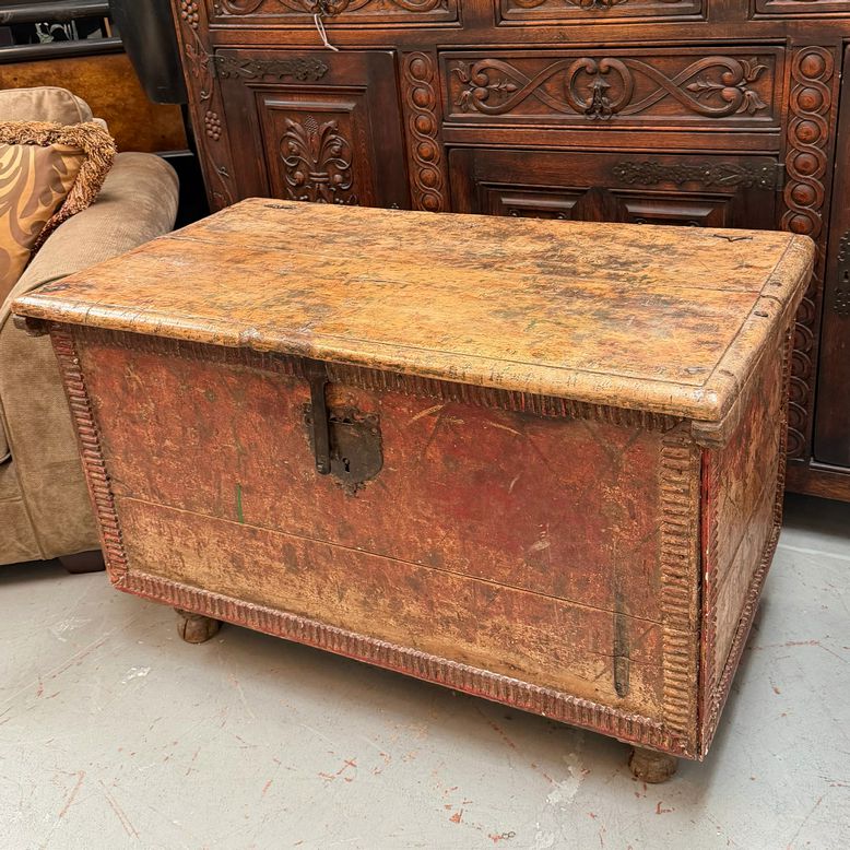 Spanish Colonial Painted Blanket Chest, Hand Forged Iron Hardware 43.5”Wx24”Dx28