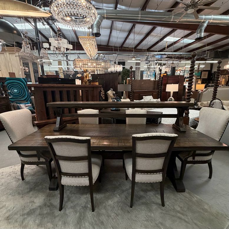 Boxcar Woody Table, Bench, 6 Hooker Upholstered Chairs 108x42x30
