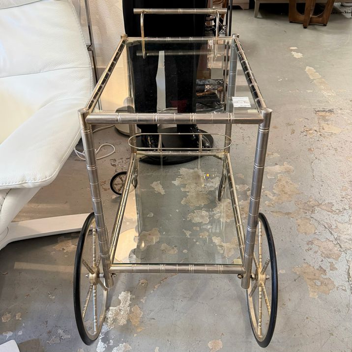 French MCM Silvered Brass Faux Bamboo & Glass Trolley 36x20x30.5
