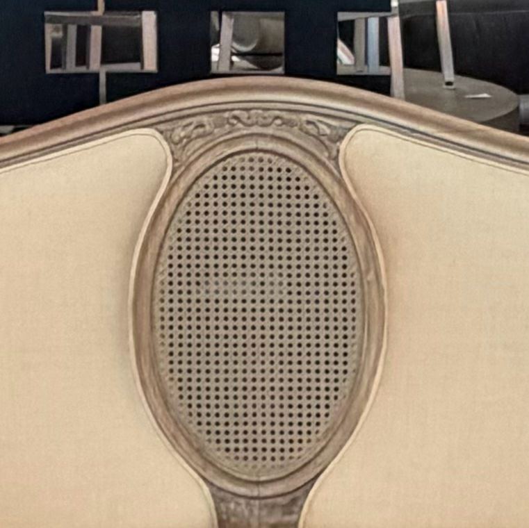 French Provincial Cream Linen Wood Framed Sofa W/Caning Detail 78x34x41