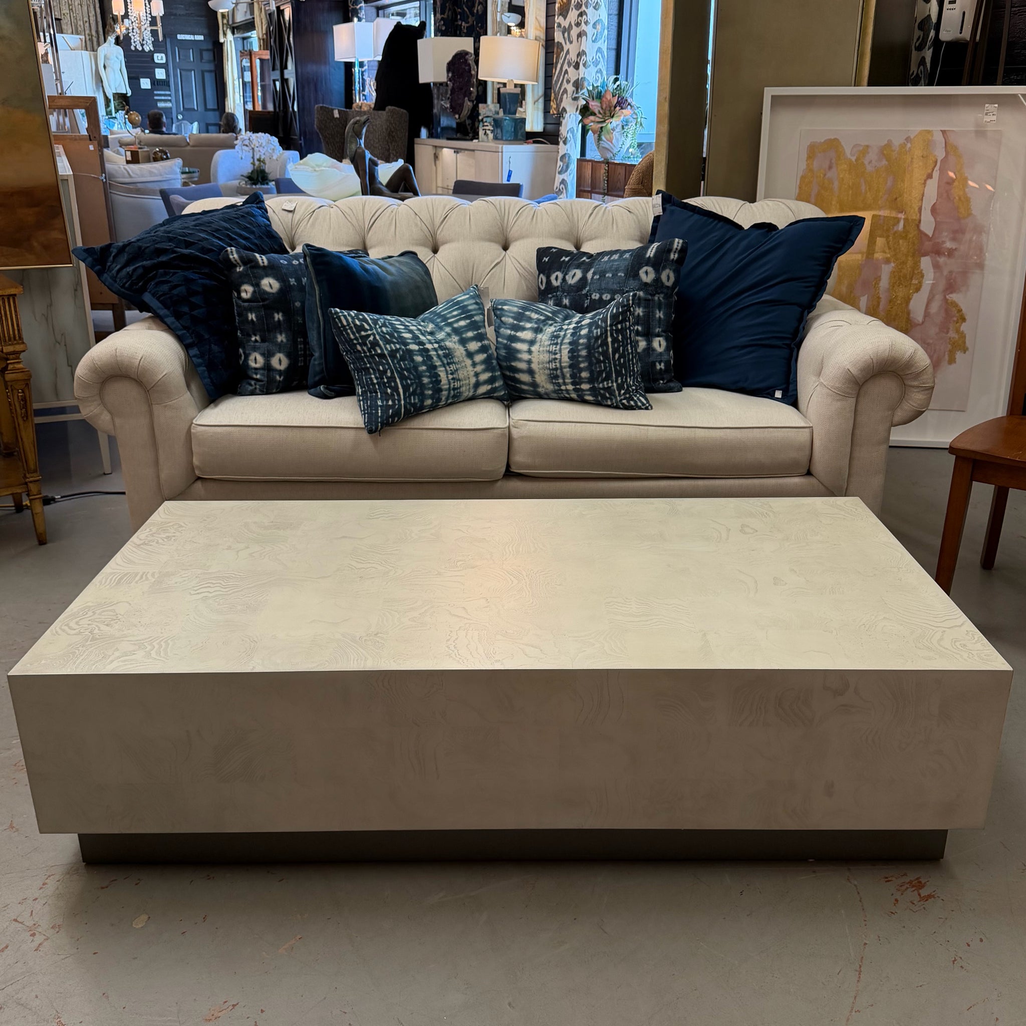 Ethan Allen Braemore Plinth Base Alabaster Coffee Table 60x30x15