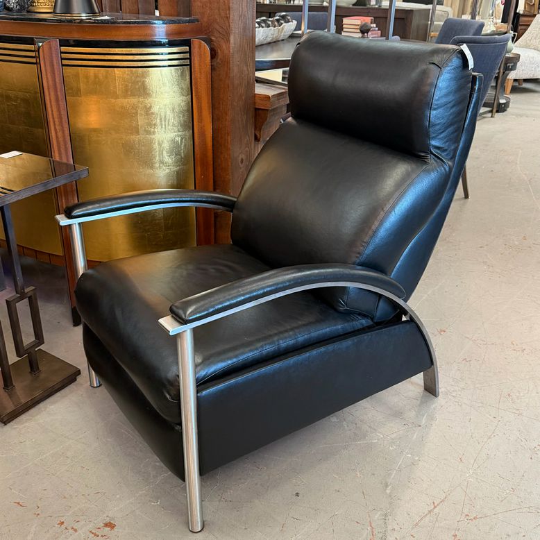 Ethan Allen Custom Black Leather & Chrome Recliner 27x37x41