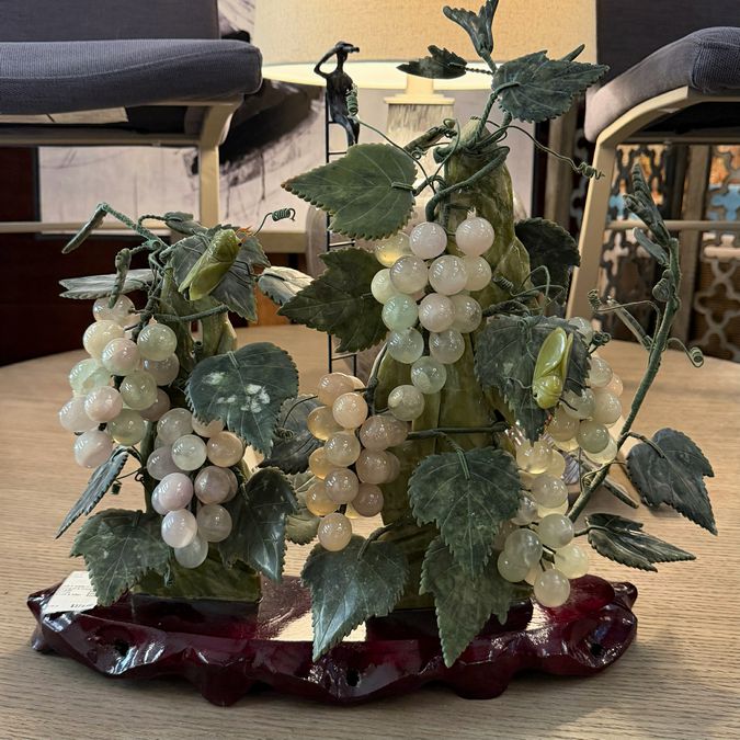 Jade & Jadeite Sculpture W/Grapes & Cicadas 19"Lx19"H