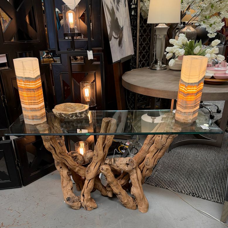 Driftwood Base 1/2"D Glass Top Console Table 54x18x28