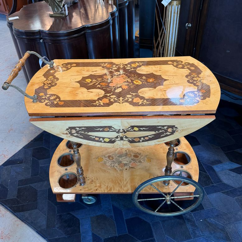 Vintage Italian Marquetry Bar Cart 29.5x29.5x26.5