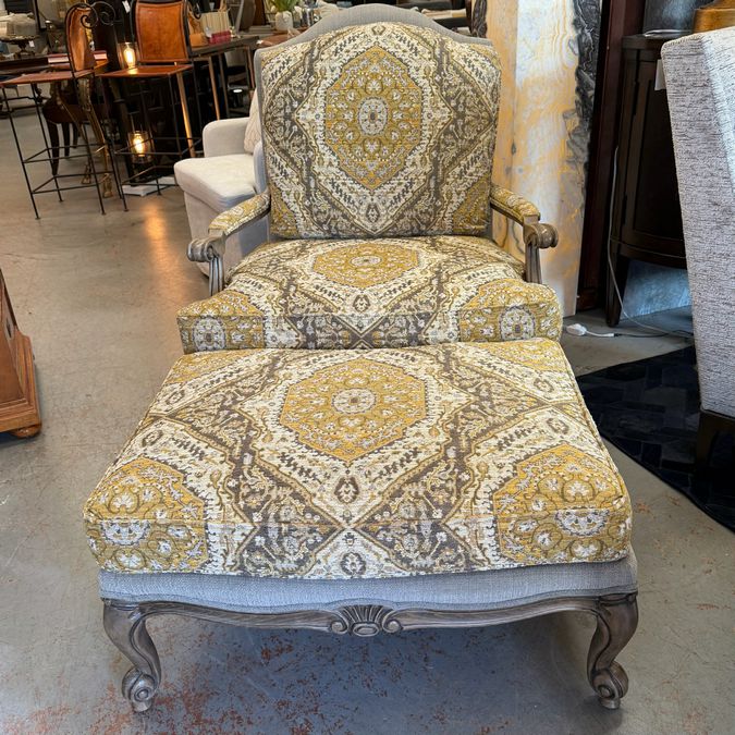 Ethan Allen "Harris" Yellow & Gray Bergere Chair & Ottoman 35x40x43