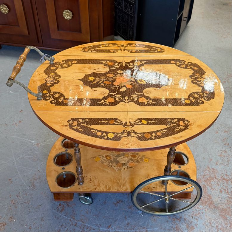 Vintage Italian Marquetry Bar Cart 29.5x29.5x26.5