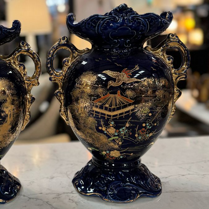 SET/2 Late 19th C. English Flow Blue Vases W/Asian Design 13"H