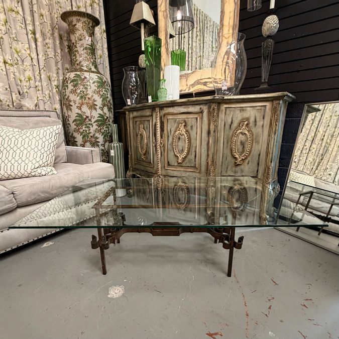 1950's Brutalist Gilded Wrought Iron Coffee Table W/Glass Top 48x30x16