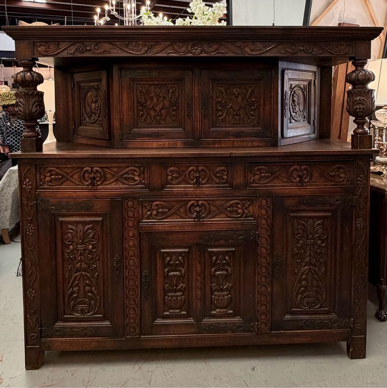 Antique Tudor Revival Carved Oak Cupboard w/Hidden Storage 80x24x74