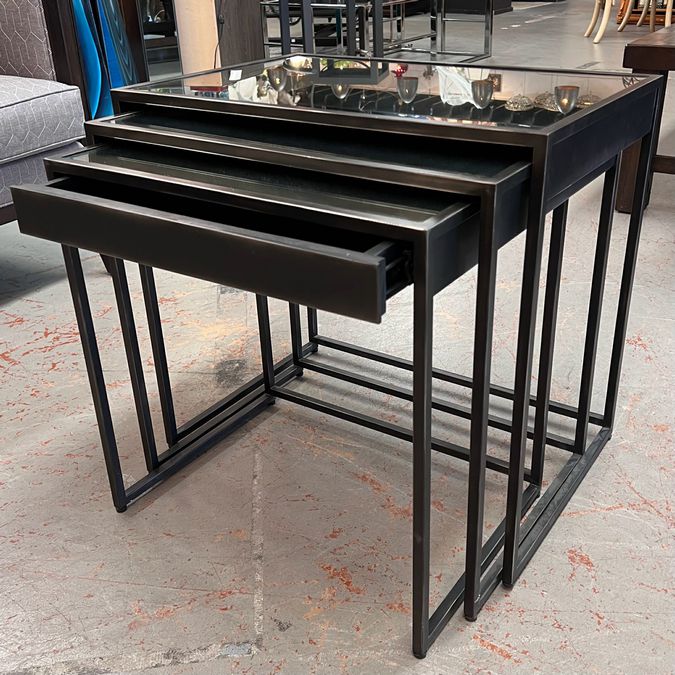 SET/3 Restoration Hardware Gamercy Nest Tables W/Mirrored Tops & Drawer 16,22,24