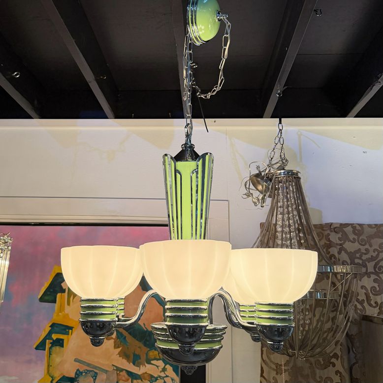 Art Deco 6-Lt Chrome & Green Chandelier W/Glass Shades 25x25