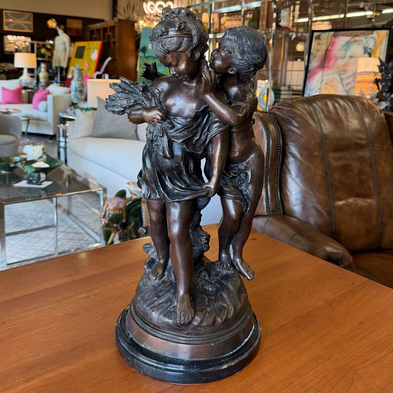 French Children Bronze On Marble Auguste Moreau 25"H