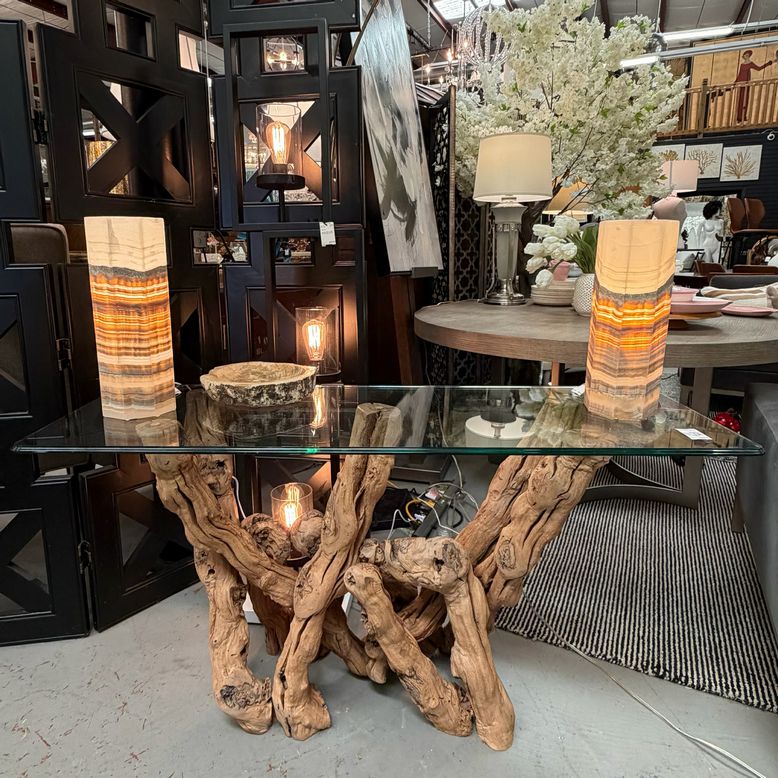 Driftwood Base 1/2"D Glass Top Console Table 54x18x28