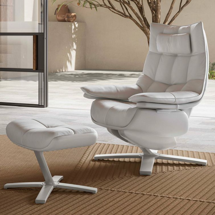 Natuzzi Wing Back Re-Vive White Leather Recliner Chair & Ottoman 33Wx31-45Dx41H