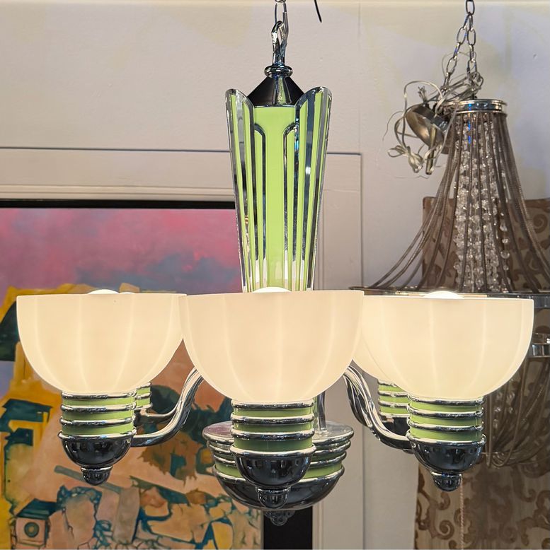 Art Deco 6-Lt Chrome & Green Chandelier W/Glass Shades 25x25