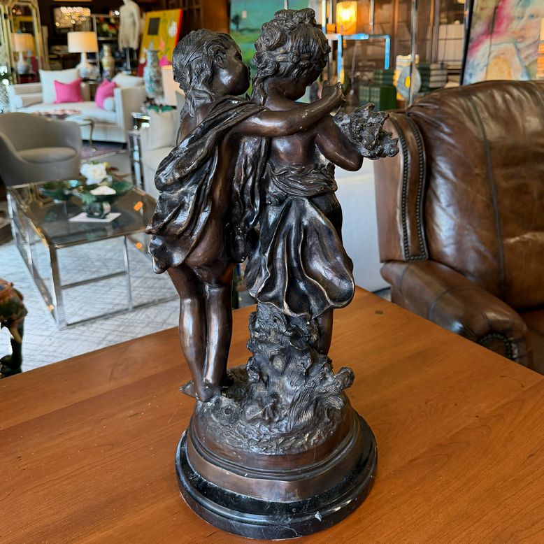 French Children Bronze On Marble Auguste Moreau 25"H