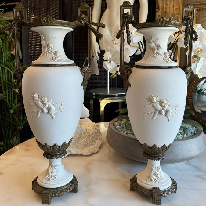 PAIR 1920's Bisque Porcelain & Bronze Vases 24.5"H