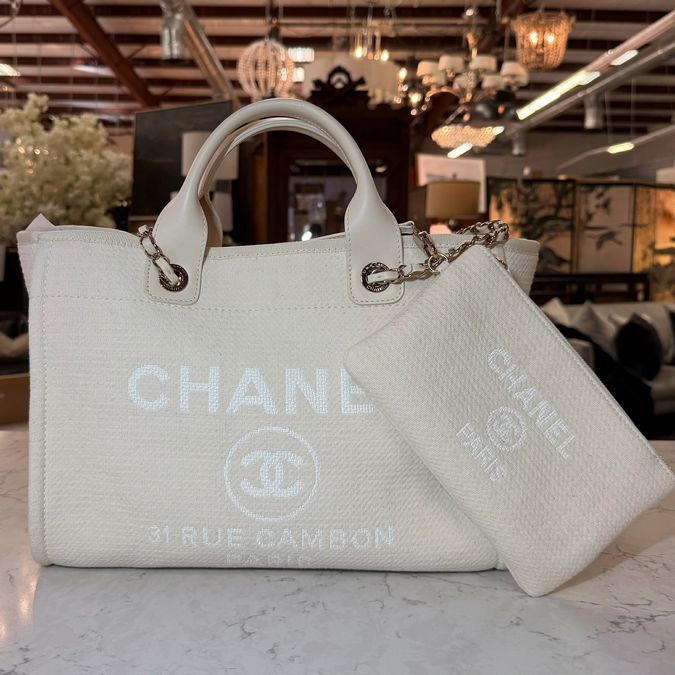 Chanel Canvas Pearl Deauville Tote W/Cosmetic Case