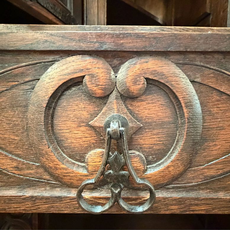 Antique Tudor Revival Carved Oak Cupboard w/Hidden Storage 80x24x74