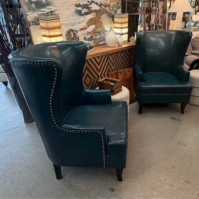 PAIR Teal Faux Leather Wingbacks W/Nailhead Trim 30x30x41