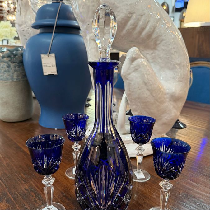 Germany 1980's Cobalt Cut to Clear Crystal Decanter W/4 Liqueur Glasses 12.5"H
