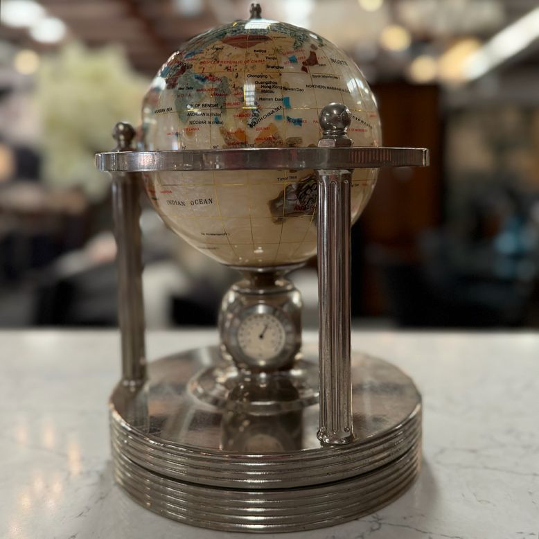 Mother Of Pearl & Gemstone Rotating Globe W/Clock/Thermometer/Hygrometer 10.75"H