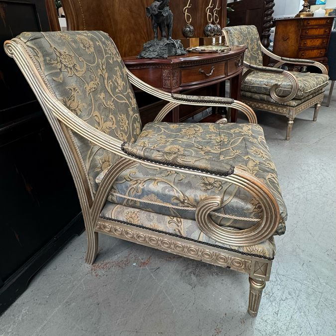 SET/2 Vintage Henredon Directoire Upholstered Arm Chairs W/Metallic Wood Finish