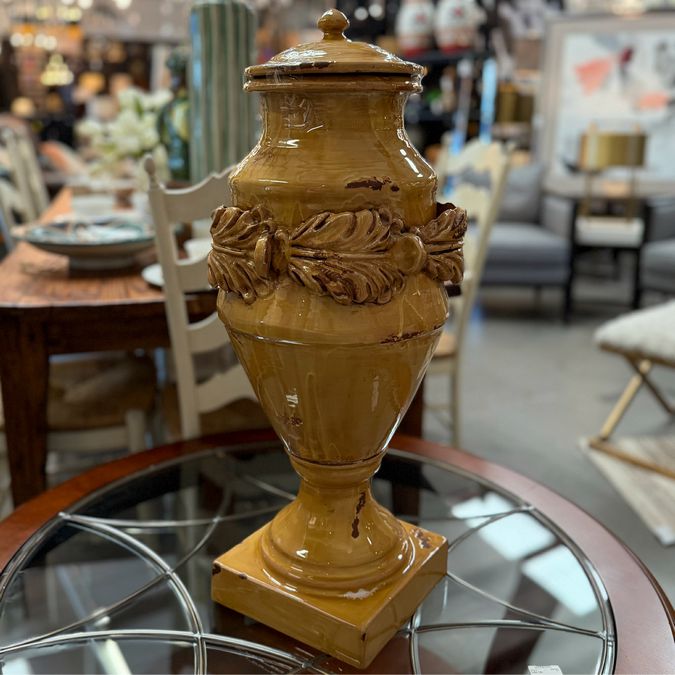 Signed Fortunada Ochre Urn W/Lid 33"H